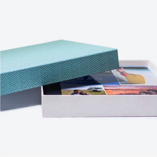 stylish box with layflat photobook for wedding photos